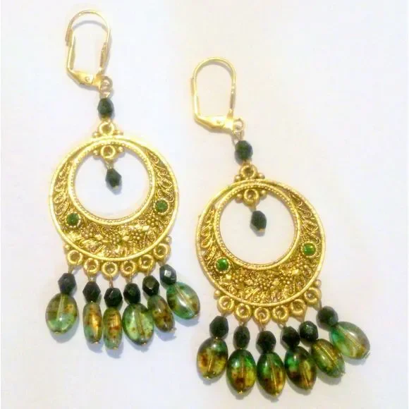 Bohemian Ornate Gold Tone Green Bead and Rhinestone Drop Earrings - Picture 1 of 3